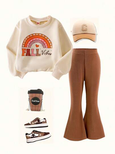 SHEIN Young Girl 2pcs Rainbow Letter Graphic Crew Neck Long Sleeve Sweatshirt And Flared Pants Suit, Fashion Casual Outfit, Spring Autumn