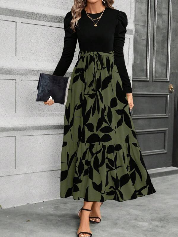 Calvaya Floral Print Puff Sleeve Belted Dress Maxi Women Outfit