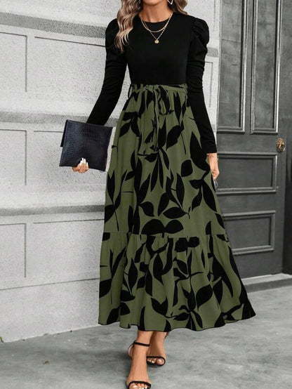 Calvaya Floral Print Puff Sleeve Belted Dress Maxi Women Outfit