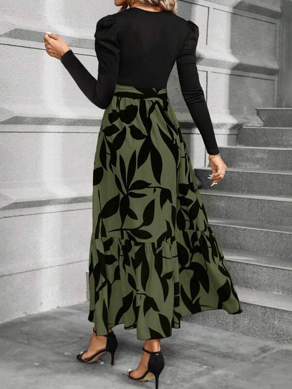 Calvaya Floral Print Puff Sleeve Belted Dress Maxi Women Outfit