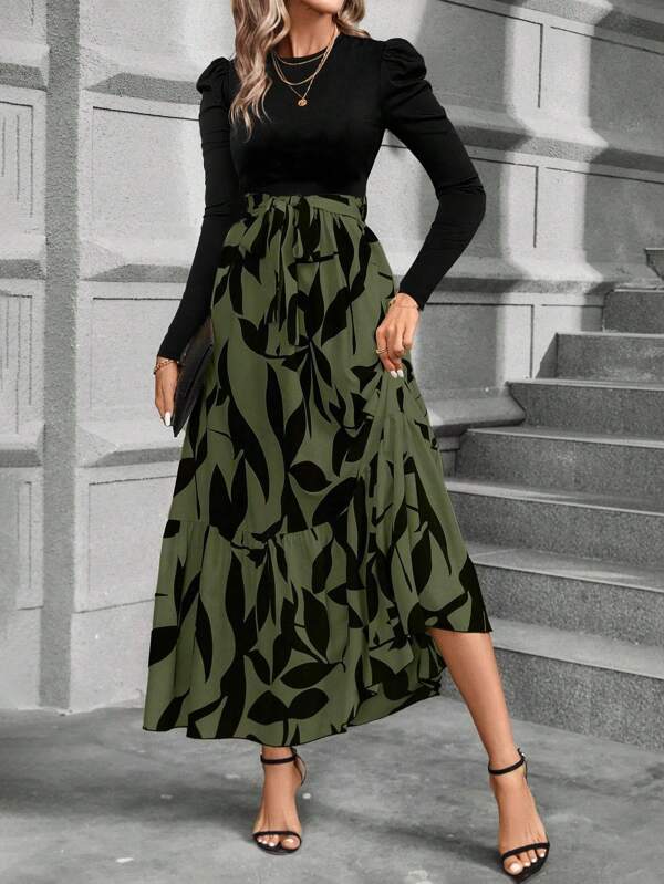 Calvaya Floral Print Puff Sleeve Belted Dress Maxi Women Outfit