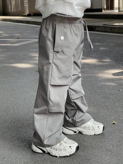 SHEIN Kids/Young Boy Casual Japanese/Korean Style Letter Elastic Waist Loose Solid Color Woven Pants, Suitable For School, Garden, Beach, Birthday In Spring, Summer, Fall, Winter