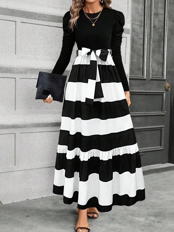 Calvaya Floral Print Puff Sleeve Belted Dress Maxi Women Outfit