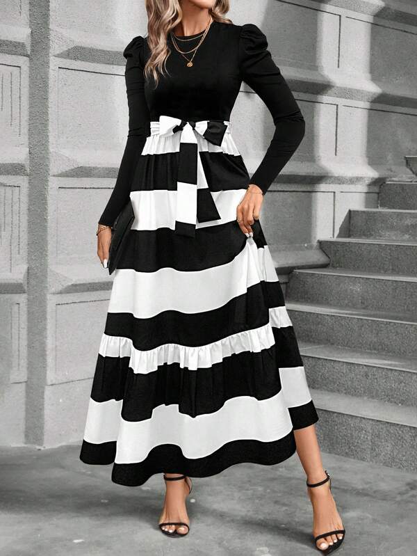 Calvaya Floral Print Puff Sleeve Belted Dress Maxi Women Outfit