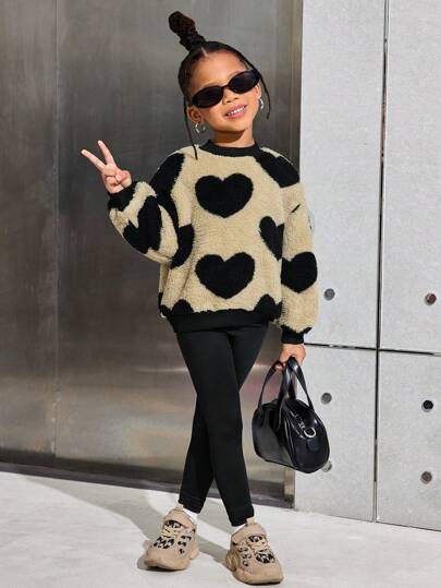 SLAYR KIDS Young Girl Casual Knit Lining Heart Printed Pullover Top & Solid Color Knit Pants Set Heart For Girl