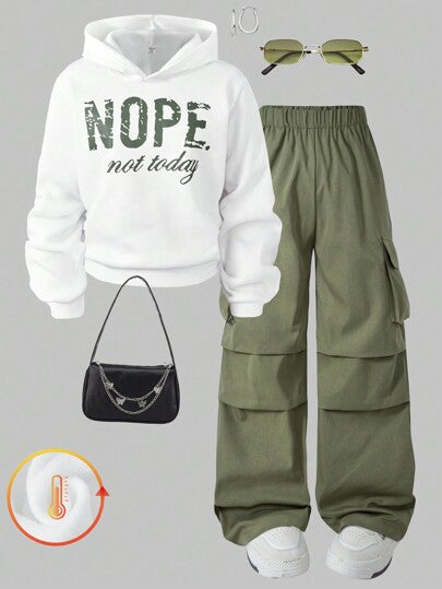 SHEIN 2pcs Tween Girl Letter Print Hoodie + Green Military Style Cargo Pants Set, Casual Streetwear Outfit, Autumn/Winter, School, Campus, College
