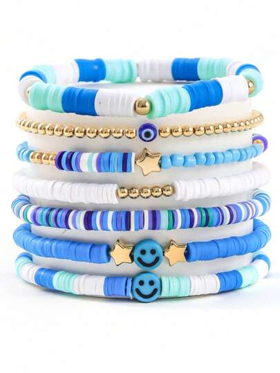 7pcs/Set Boho Style Blue Beaded Bracelet With Cute Heart & Smiling Face Soft Clay Charms, Suitable For Girls Daily Wear, Back To School ( Color Random)