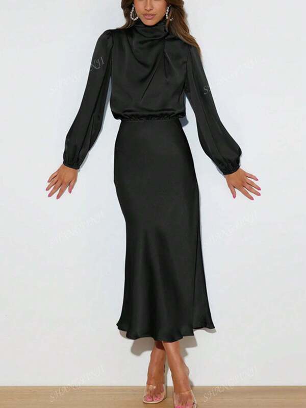 Satin High Collar Pleated Asymmetrical Elegant Evening Gown, Cocktail Party Bridesmaid Dress, Long Sleeve Prom Semi Formal Dress, For Birthday, Wedding Guest, Graduation, Dinner, Homecoming