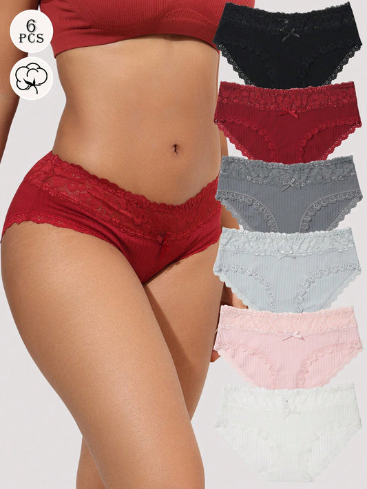 6-Pack Elegant Striped Wide Lace Waistband Comfortable Panties - Women's Breathable Stretchy Underwear For Everyday Wear - Soft