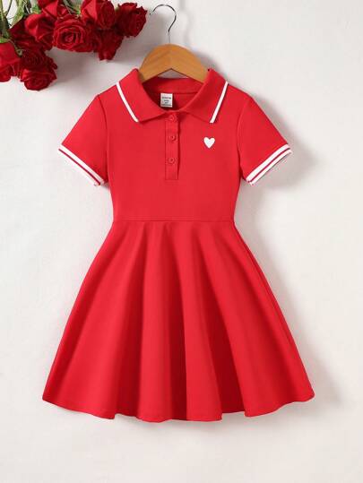 SHEIN Young Girl' Red Minimalist Solid Color Collar Heart Print Polo Shirt Dress, School, Campus, College Summer Holiday