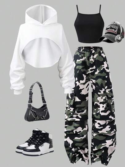 SHEIN 2pcs Teen Girl Streetwear Outfit Set: Cropped Hooded Sweatshirt With Camo Multi-Pocket Cargo Pants