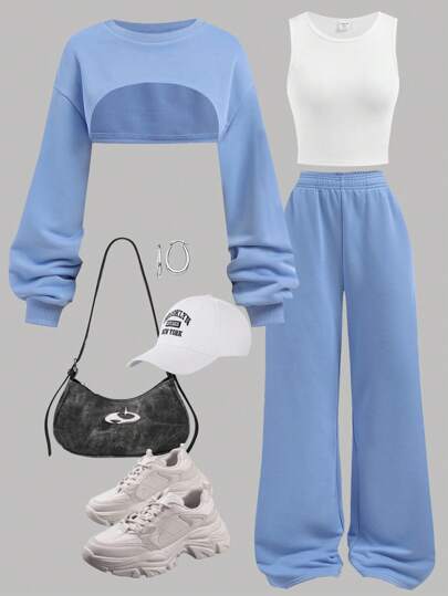 SHEIN Girlism Teen Girls' Autumn 3-Piece Set: Solid Color Blue & White Contrast Cropped Hoodie, Camisole And Cargo Pants, Casual Long Sleeve Outfit Graduation?Outfit