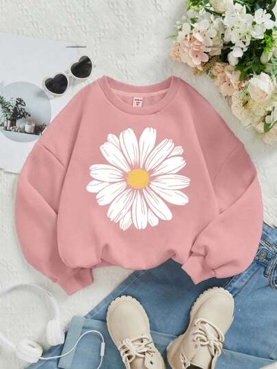 SHEIN Young Girls Casual Loose Fit Crew Neck Comfy Knit Long Sleeve Thickened Sweatshirt, Suitable For Autumn/Winter