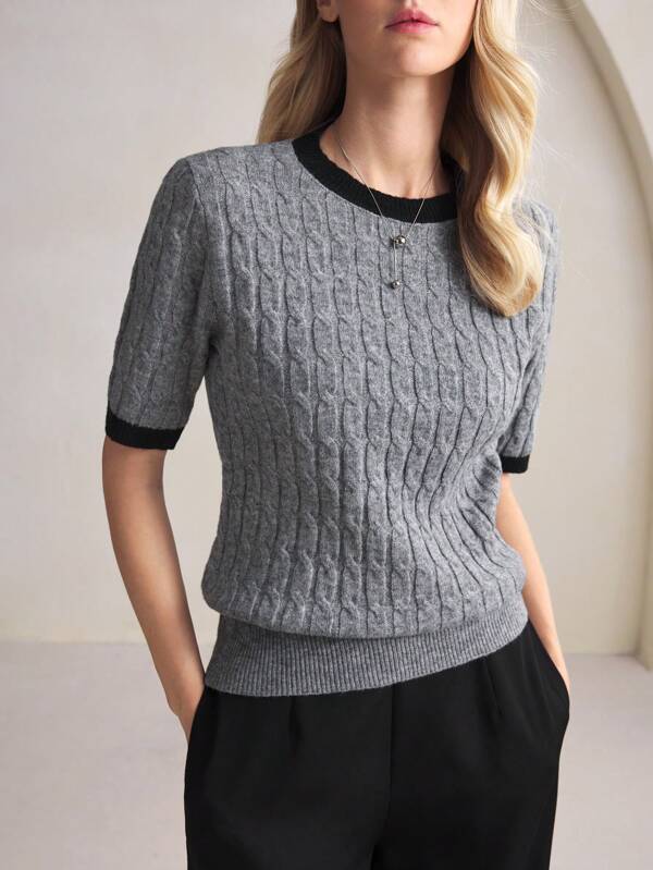 BizChic Grey Color-Block Jacquard Sweater Top, Women's Long Base Layer T-Shirt, Office/Commuting Wear, Elegant For New Year, Dating, Spring/Summer,Knitted Sweater