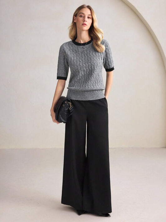 BizChic Grey Color-Block Jacquard Sweater Top, Women's Long Base Layer T-Shirt, Office/Commuting Wear, Elegant For New Year, Dating, Spring/Summer,Knitted Sweater
