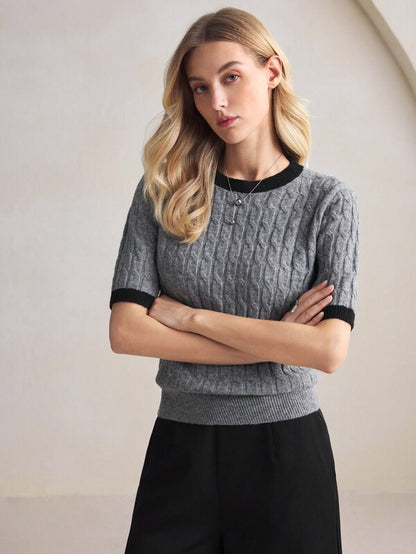 BizChic Grey Color-Block Jacquard Sweater Top, Women's Long Base Layer T-Shirt, Office/Commuting Wear, Elegant For New Year, Dating, Spring/Summer,Knitted Sweater