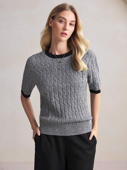 BizChic Grey Color-Block Jacquard Sweater Top, Women's Long Base Layer T-Shirt, Office/Commuting Wear, Elegant For New Year, Dating, Spring/Summer,Knitted Sweater