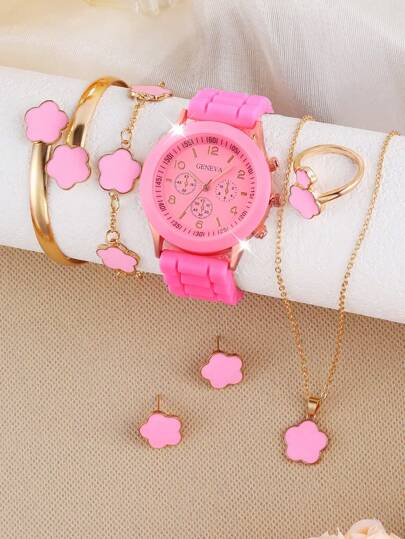 7pcs/Set Pink Faux Leather Watch And Four-Leaf Clover Bracelet, Necklace, Earrings And Ring Set For Girl