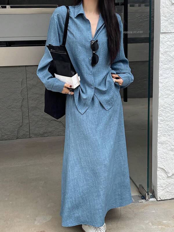 DAZY 2pcs/Set Women Solid Color Long Sleeve Single-Breasted Shirt And Long Skirt Casual Outfit, Autumn