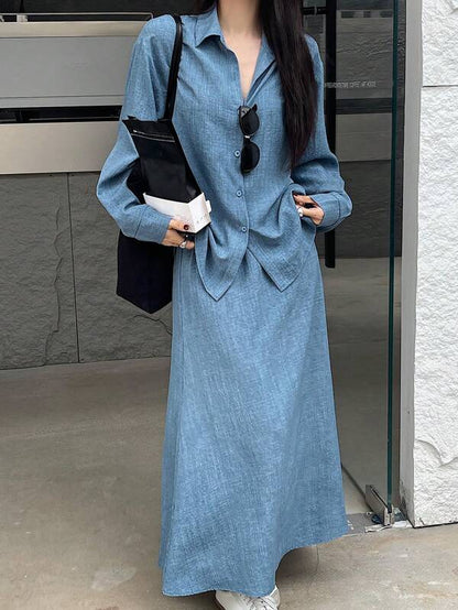 DAZY 2pcs/Set Women Solid Color Long Sleeve Single-Breasted Shirt And Long Skirt Casual Outfit, Autumn