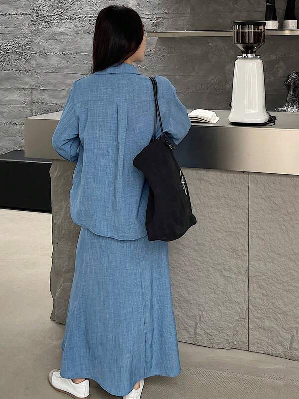DAZY 2pcs/Set Women Solid Color Long Sleeve Single-Breasted Shirt And Long Skirt Casual Outfit, Autumn