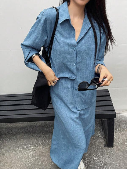 DAZY 2pcs/Set Women Solid Color Long Sleeve Single-Breasted Shirt And Long Skirt Casual Outfit, Autumn