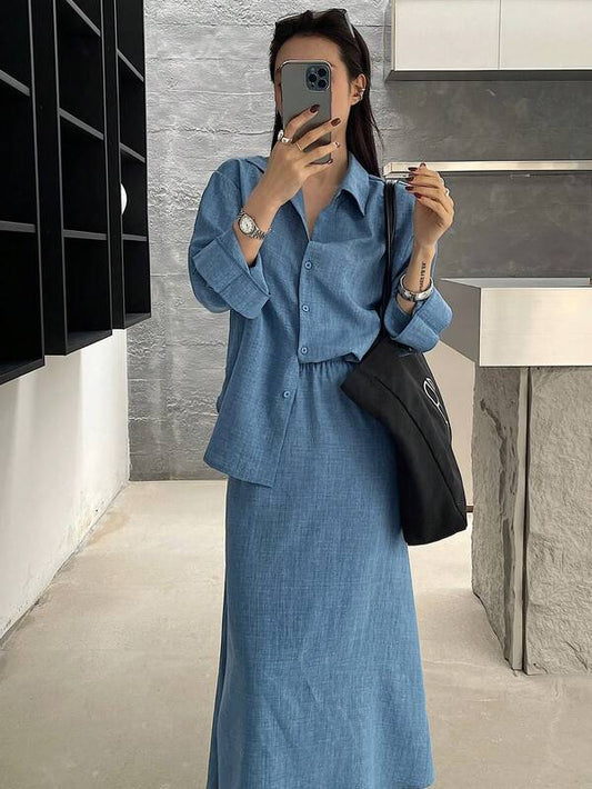 DAZY 2pcs/Set Women Solid Color Long Sleeve Single-Breasted Shirt And Long Skirt Casual Outfit, Autumn