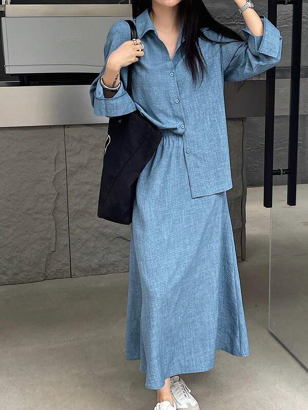 DAZY 2pcs/Set Women Solid Color Long Sleeve Single-Breasted Shirt And Long Skirt Casual Outfit, Autumn