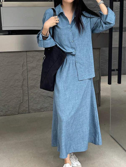 DAZY 2pcs/Set Women Solid Color Long Sleeve Single-Breasted Shirt And Long Skirt Casual Outfit, Autumn