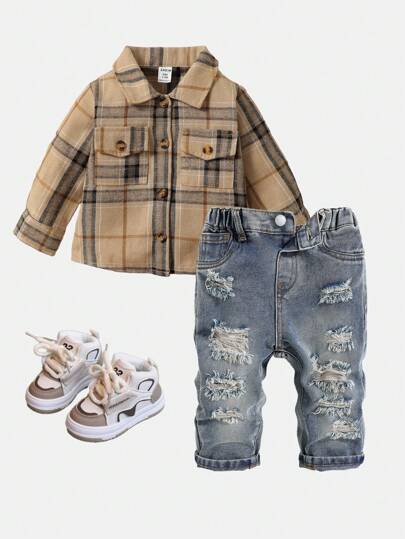 SHEIN Toddler/Baby Boys Fashionable Retro Design Distressed Vintage Washed Ripped Frayed Loose Fit Blue Jeans,Without Shirt,For Baby Outdoor Wear Clothes Outfits And Daily Wear Outfits