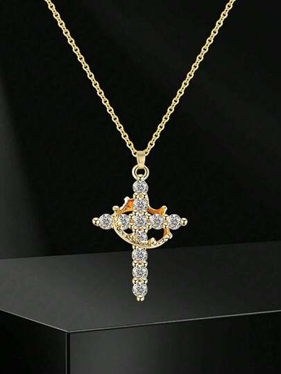 1pc Exquisite Elegant Shiny Crown Decor Cross Copper Pendant Stainless Steel Necklace For Girls Versatile Light Luxury Party Banquet Holiday Jewelry For Christmas Festival Gift For Daily Life