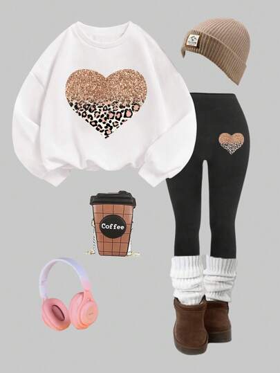 Young Girl Casual Leopard Print & Heart Design Long Sleeve Sweatshirt And Pants 2pcs Set, Cartoon Print