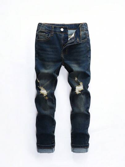 SHEIN Tween Boy Casual Modern Street Fashion Cat Whisker Distressed Ripped Adjustable Elastic Waist 5-Pocket Stretch Skinny Jeans, All Year Round Essential Versatile Denim Item