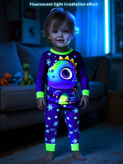 SHEIN Baby Boy 3D Dinosaur Glow In The Dark UV Light Long Sleeve Tight Fit Pajama Set