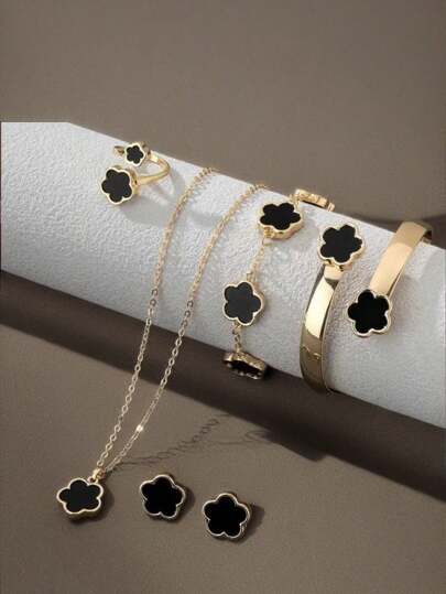 6pcs/Set Necklace, Bracelet, Earrings, Ring, Lucky Flower Necklace, Gold Earrings, Gold Ring, Gold Necklace, Gold Bracelet, Gold Bangle, Girl Jewelry Set, Suitable For Back To School, Party, Holiday