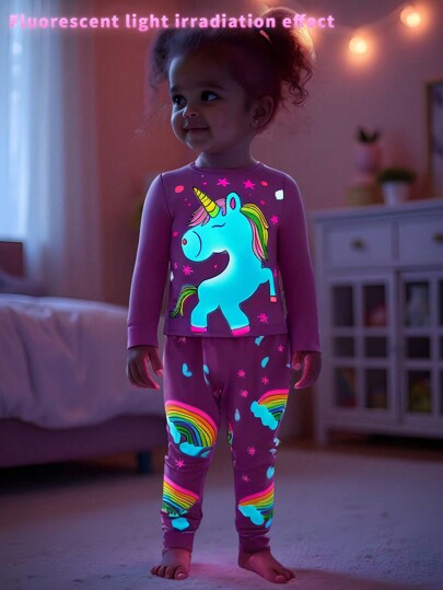 2pcs Baby Girls Cute Unicorn Glow-In-The-Dark Long Sleeve Top And Pants Snug Fit Pajama Set