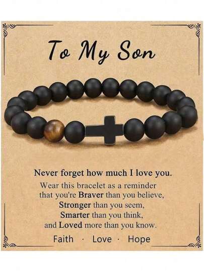 suteyi Hope, Faith, And Love! Stylish Cross Decor Black Beaded Bracelet For Son, Birthday, Christmas Gift