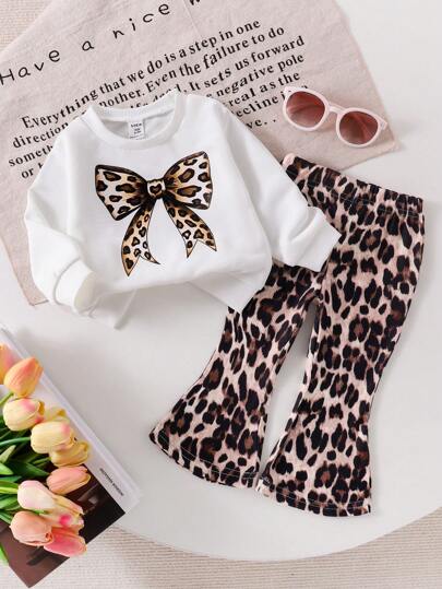SHEIN 2pcs/Set Baby Girl Long Sleeve Letter Print Top & Leopard Flare Leg Pants, Cute & Comfortable Casual Suit For Spring & Autumn