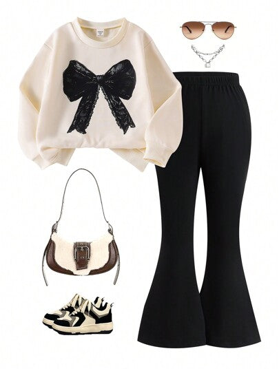 SHEIN 2pcs Young Girl Set - Apricot Bow Print Long Sleeve Top And Black Flare Leg Pants, Cute And Comfortable Outfit For Spring/Autumn Everyday Wear