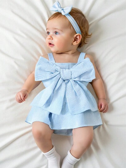 Souflis Souflis Baby Girl Cute Summer Fashion Blue Striped Romper With Bow Shoulder Straps