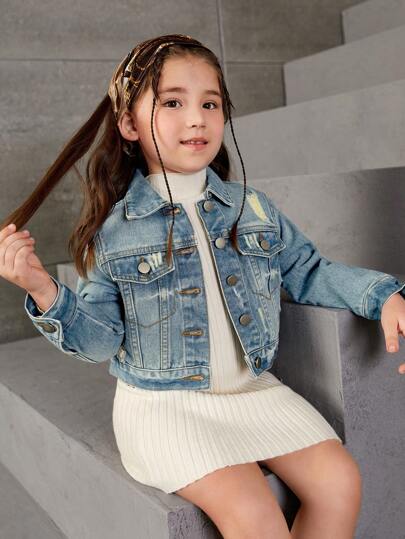 Young Girl Street Casual Distressed Washed Denim Short Jacket, Dark Blue, School, Campus, College