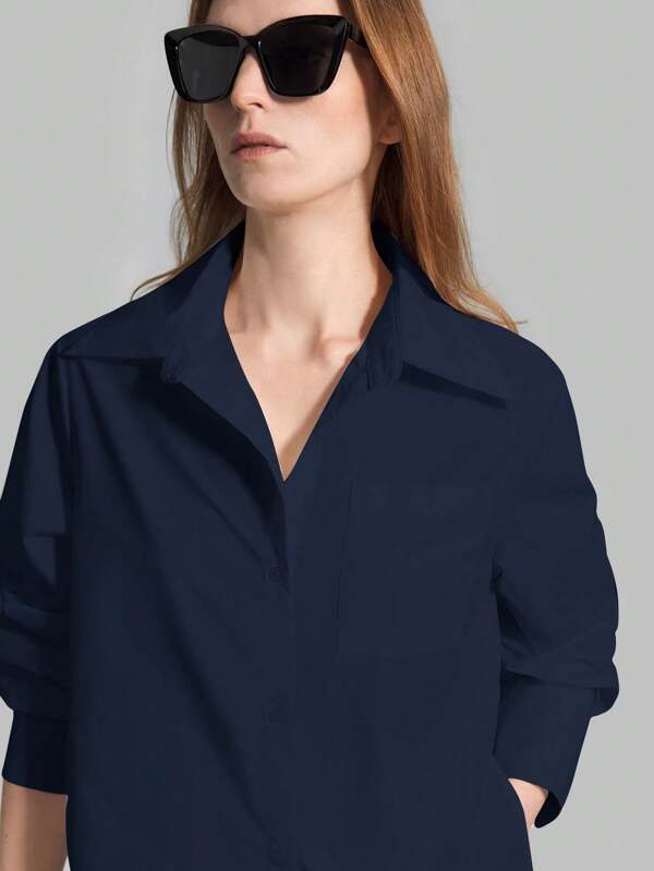 Ontre 2025 Autumn New Women's Casual Loose Vacation Matching Shirt, Blue Long Shirt, Women's Shirt, Women's Button-Up Shirt, Commuting, Summer Business etc