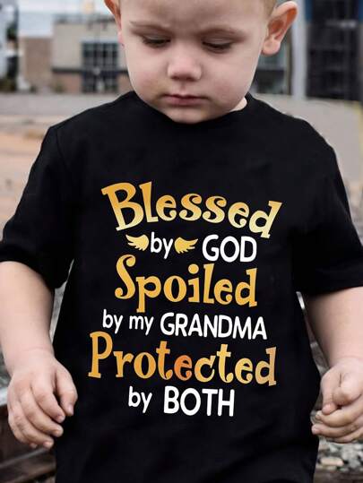 Baby Boy Casual Minimalist Gold English Slogan Print Short Sleeve Round Neck T-Shirt, Suitable For Summer