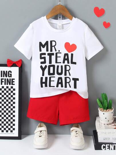 Heart & Letter Print Short Sleeve T-Shirt, Valentine's Day Gift For Young Boy