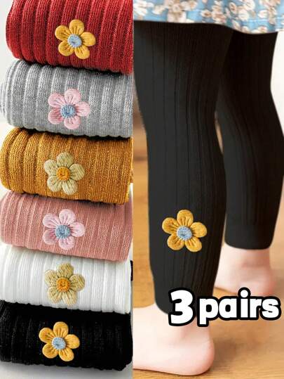 1/3pcs Set Kids Solid Color Casual Knit Cropped Leggings With Floral Decor, Soft & Comfortable, Stretchable Fabric, Can Be Worn Outerwear