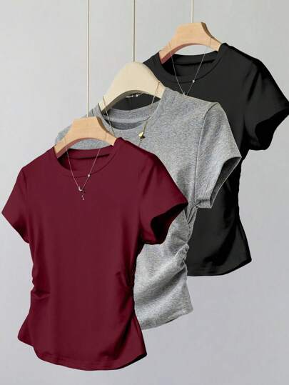 SHEIN 3pcs Teen Girls' Casual Solid Color Ruched Short Sleeve T-Shirt, Versatile