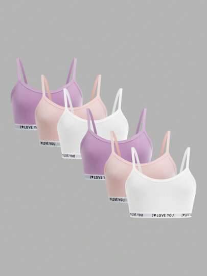 SHEIN 6pcs/Set Tween Girls' Minimalist Casual Sports Letter Print Elastic Knit Comfy Skin-Friendly Intimate Underwear Teen Bras And Underwear Set Bras And Panties Set Bras For Girls Bras For Teens Bras For Teen Girls