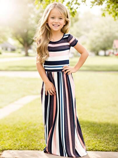 Young Girl Striped Round Neck Short Sleeve Casual Dress, For Holiday And Party Wear