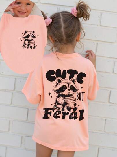SHEIN WESTFADE Young Young Girl Casual Fashion Comfortable Minimalist "CUTE BUT FERAL" Raccoon Letter Print Short Sleeve T-Shirt, Spring/Summer