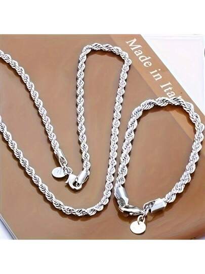 A Set Of 2 925 Sterling Silver Twisted Rope Chain Necklace And Bracelet, Featuring A Simple Hip-Hop Style, Shiny Basic Chain, Women's Jewelry Accessory, Elegant Design, Twisted Rope Bracelet